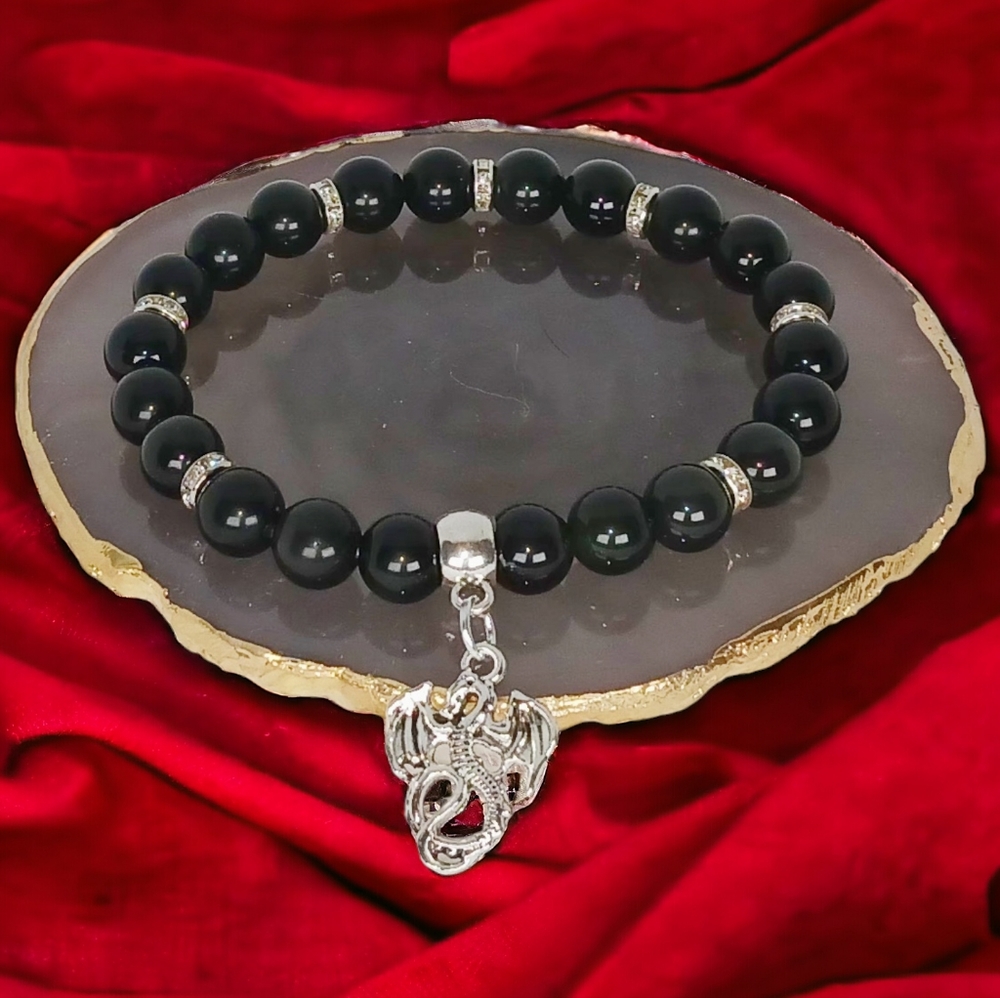Black Obsidian Bracelet with Dragon Charm Artisan Made Dark Academia Gothic Y2k